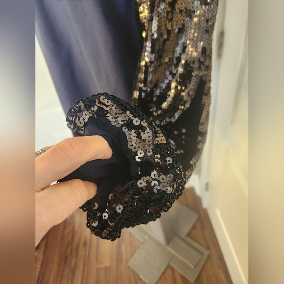 J. Crew Navy Top with Black Sequin Sleeve Size Medium - Picture 4 of 7